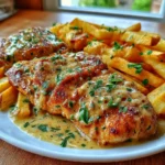 Chicken Fillet in Spicy, Creamy Garlic-Parmesan Sauce with Fries