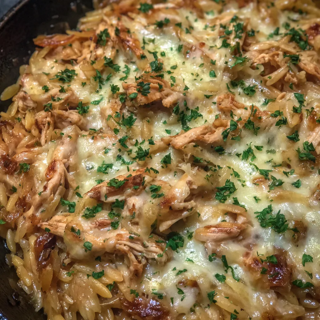 French Onion Chicken Orzo Casserole