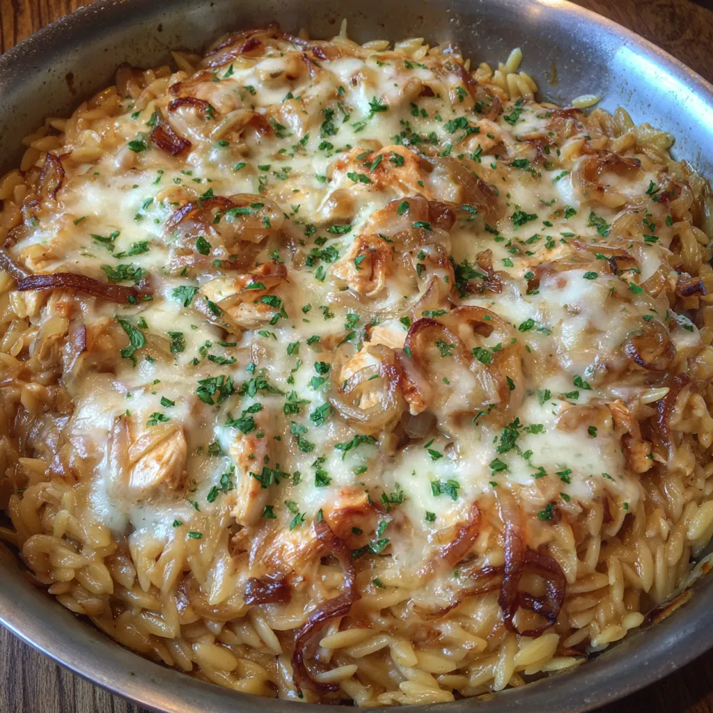 French Onion Chicken Orzo Casserole