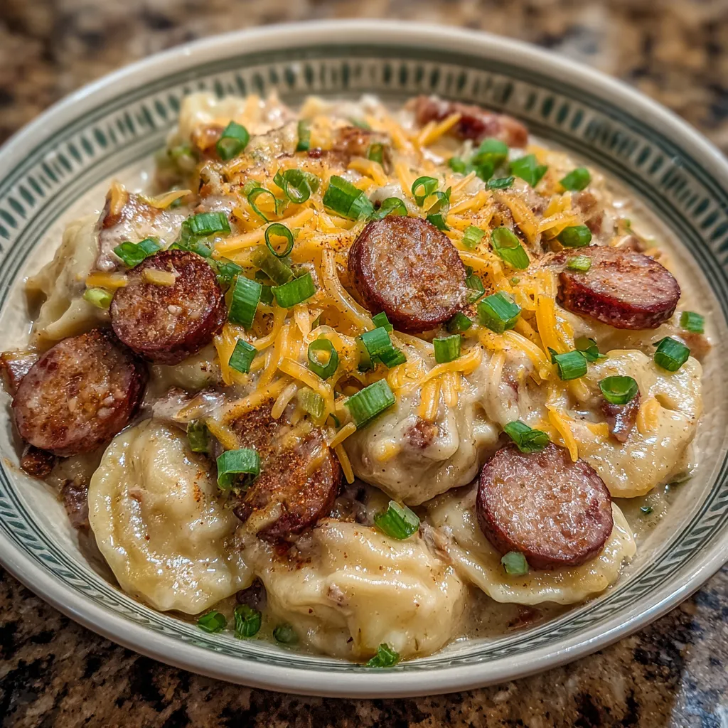 Crockpot Pierogi Casserole with Kielbasa