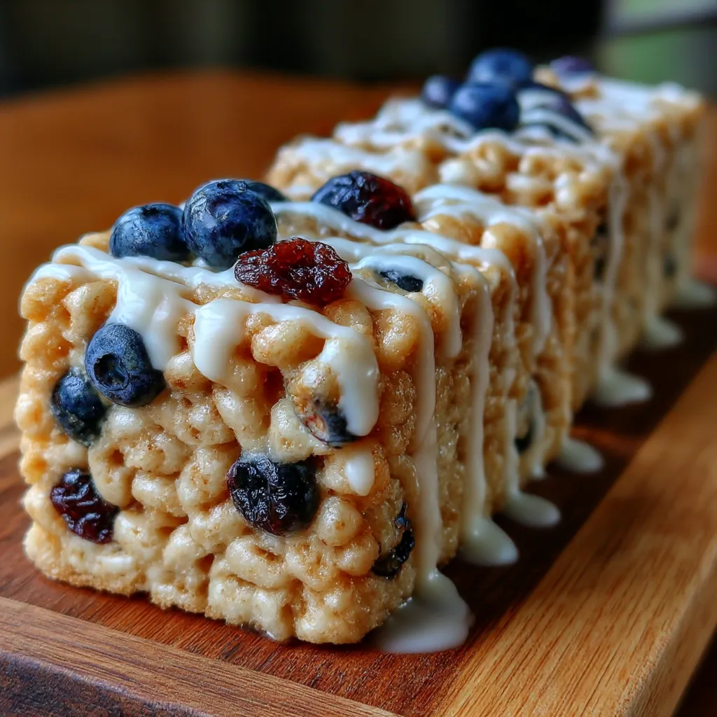 Blueberry Rice Krispies Treats with Vanilla Glaze