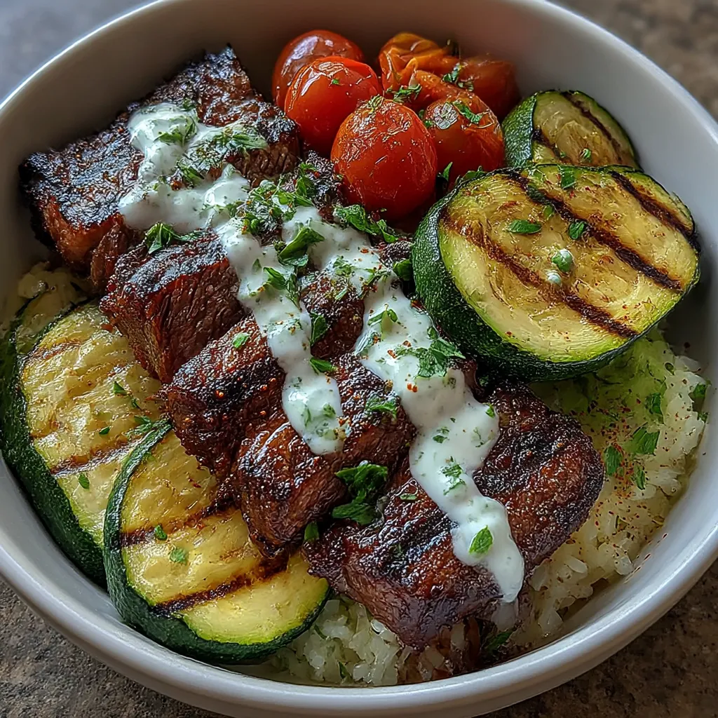 Grilled Steak Bowl with Sauce and Grilled Zucchini