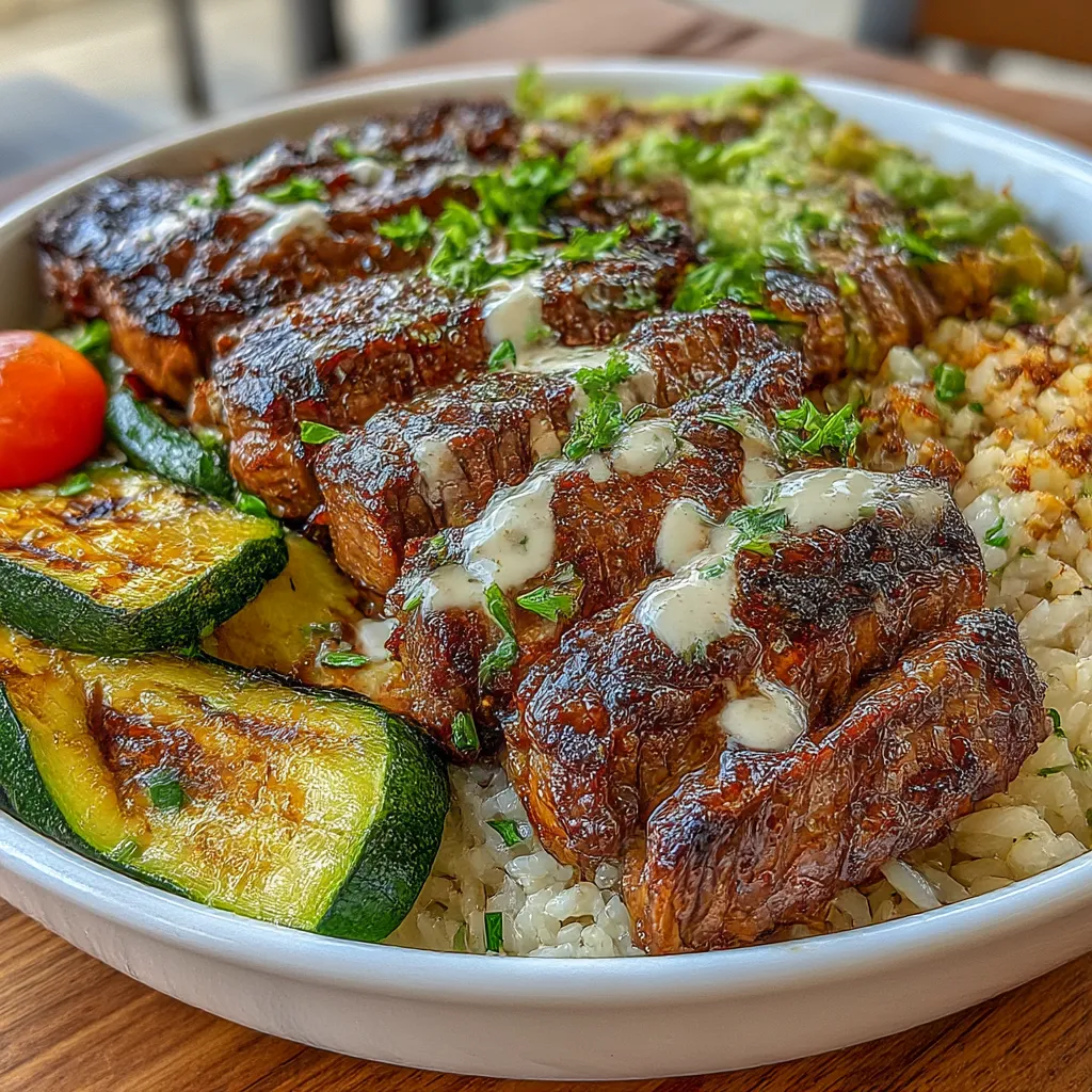 Grilled Steak Bowl with Sauce and Grilled Zucchini