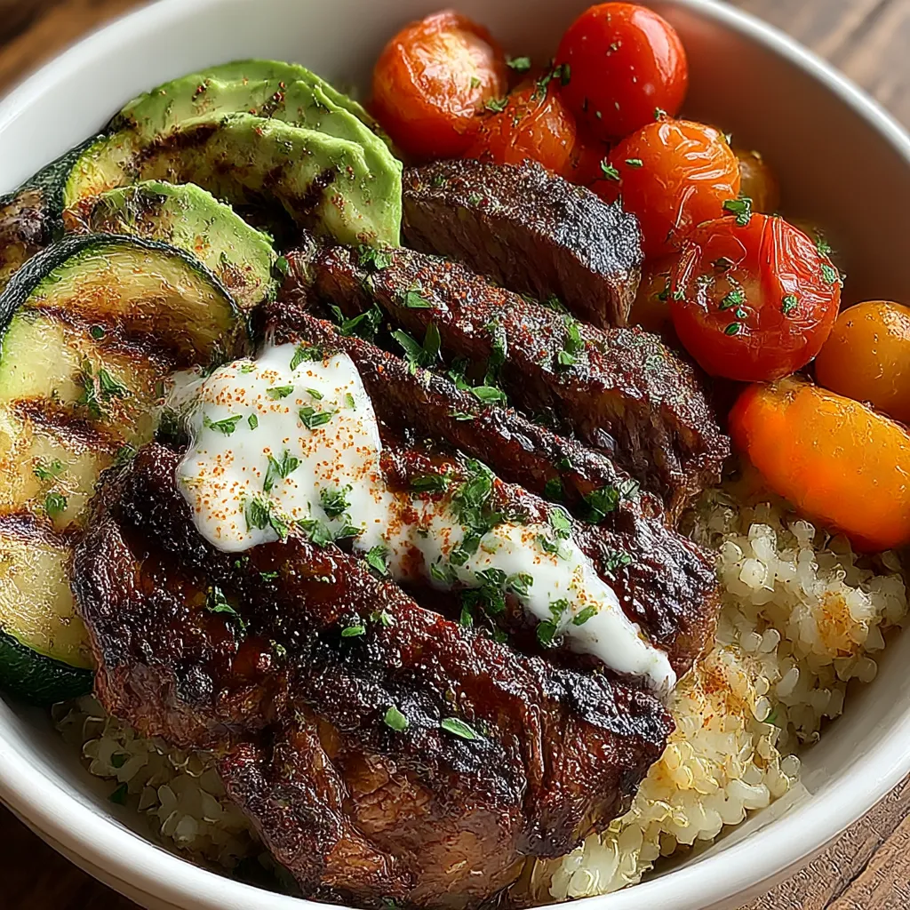 Grilled Steak Bowl with Sauce and Grilled Zucchini