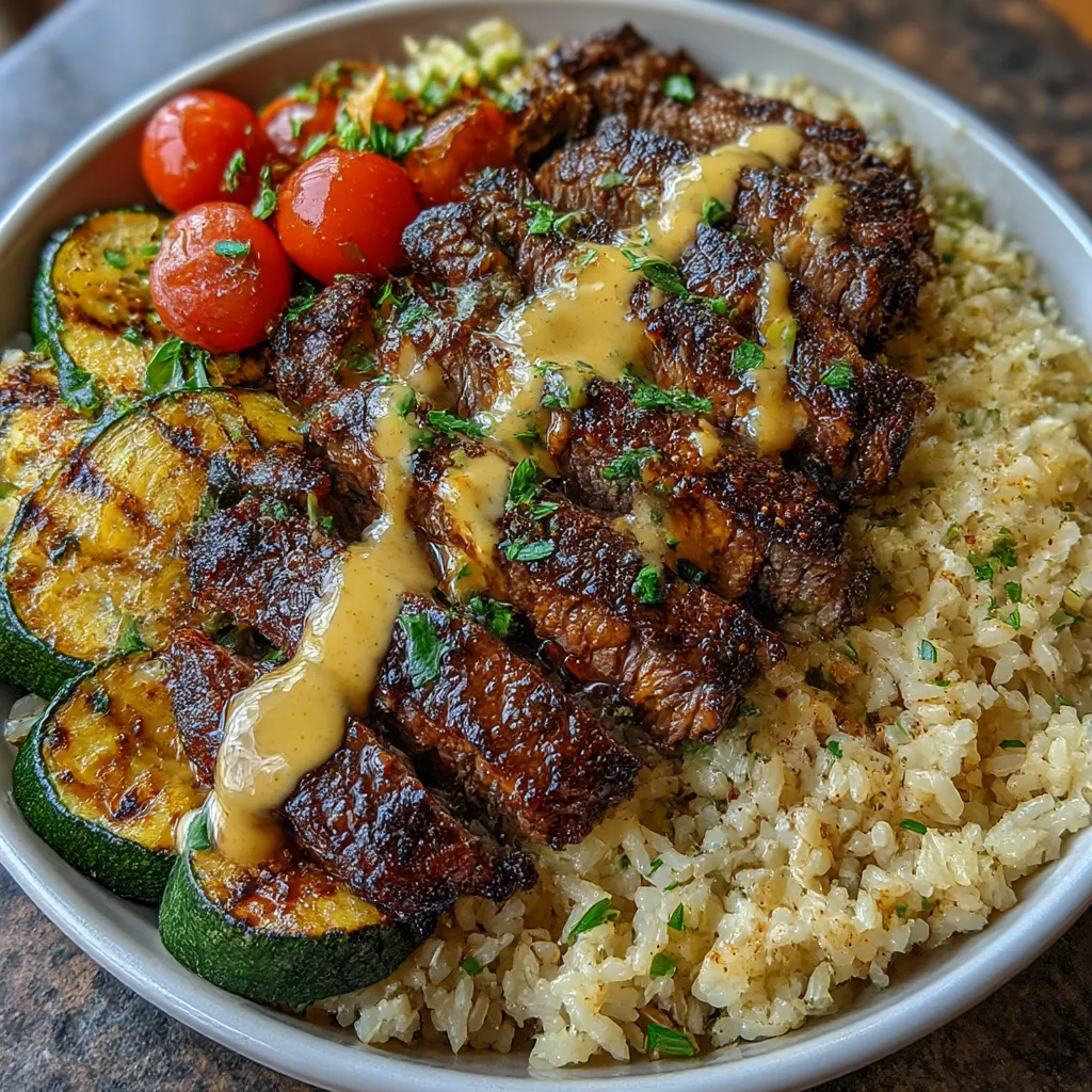 Grilled Steak Bowl with Sauce and Grilled Zucchini