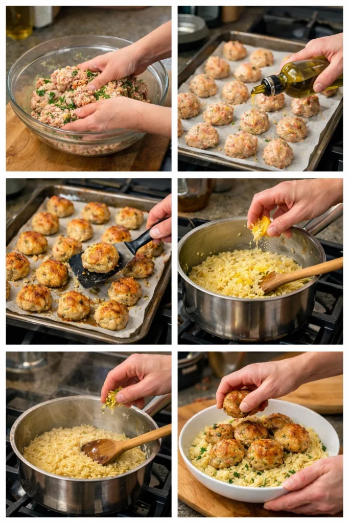 Greek Chicken Meatballs with Lemon Orzo