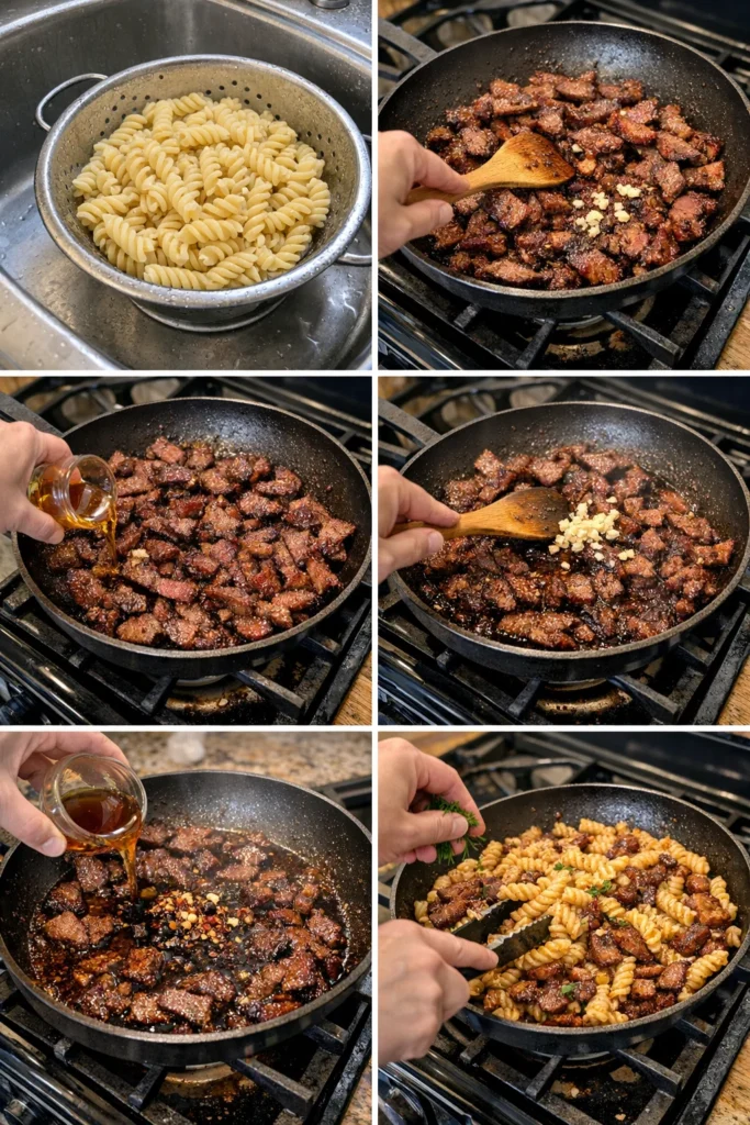 Sticky Honey Garlic Smoked Beef Pasta Skillet