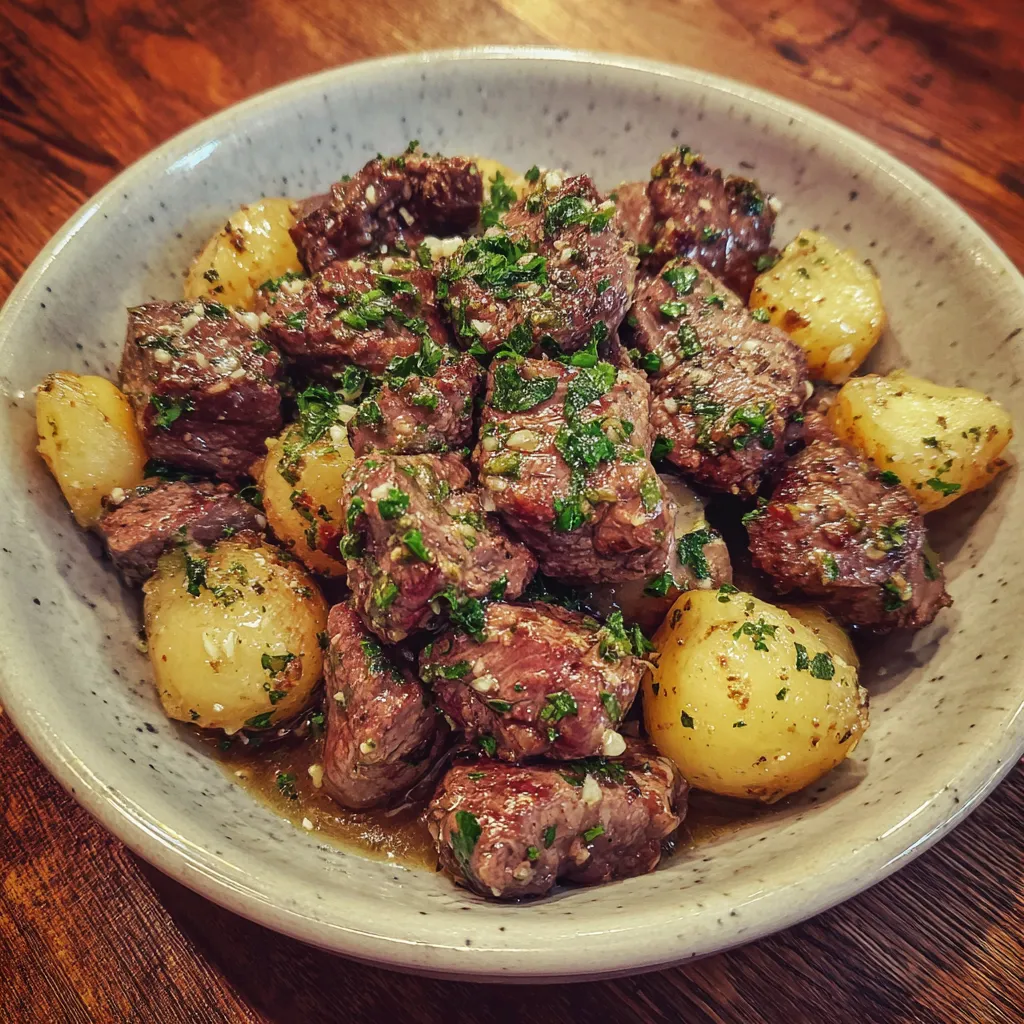 Slow Cooker Garlic Butter Beef Bites with Potatoes